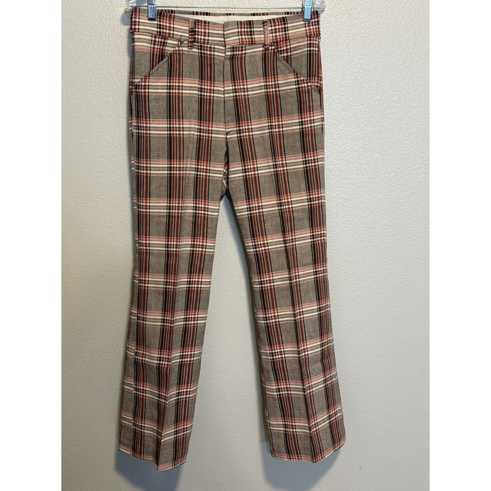 VTG Levi's Panatela Slacks 70s Disco Plaid Red Brown Flare Bell bottom SZ.30X29L